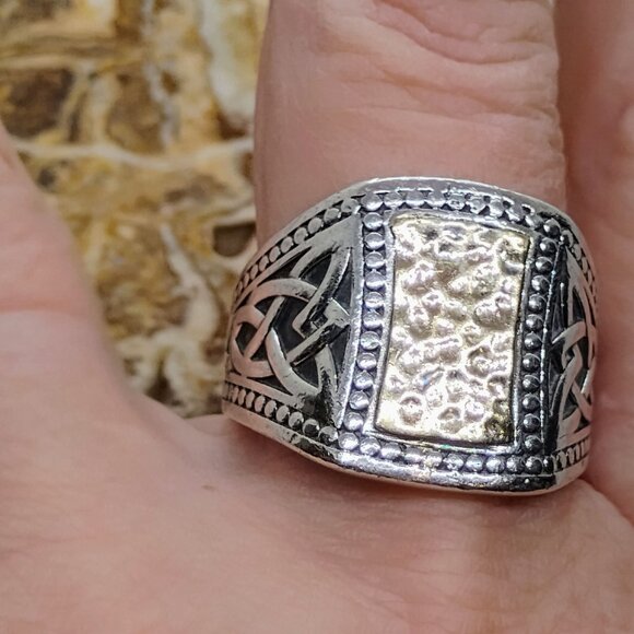 Sz 12 Keith Jack 10k Hammered Gold 925 Sterling Silver Celtic Knot Signet Ring - Picture 2 of 10